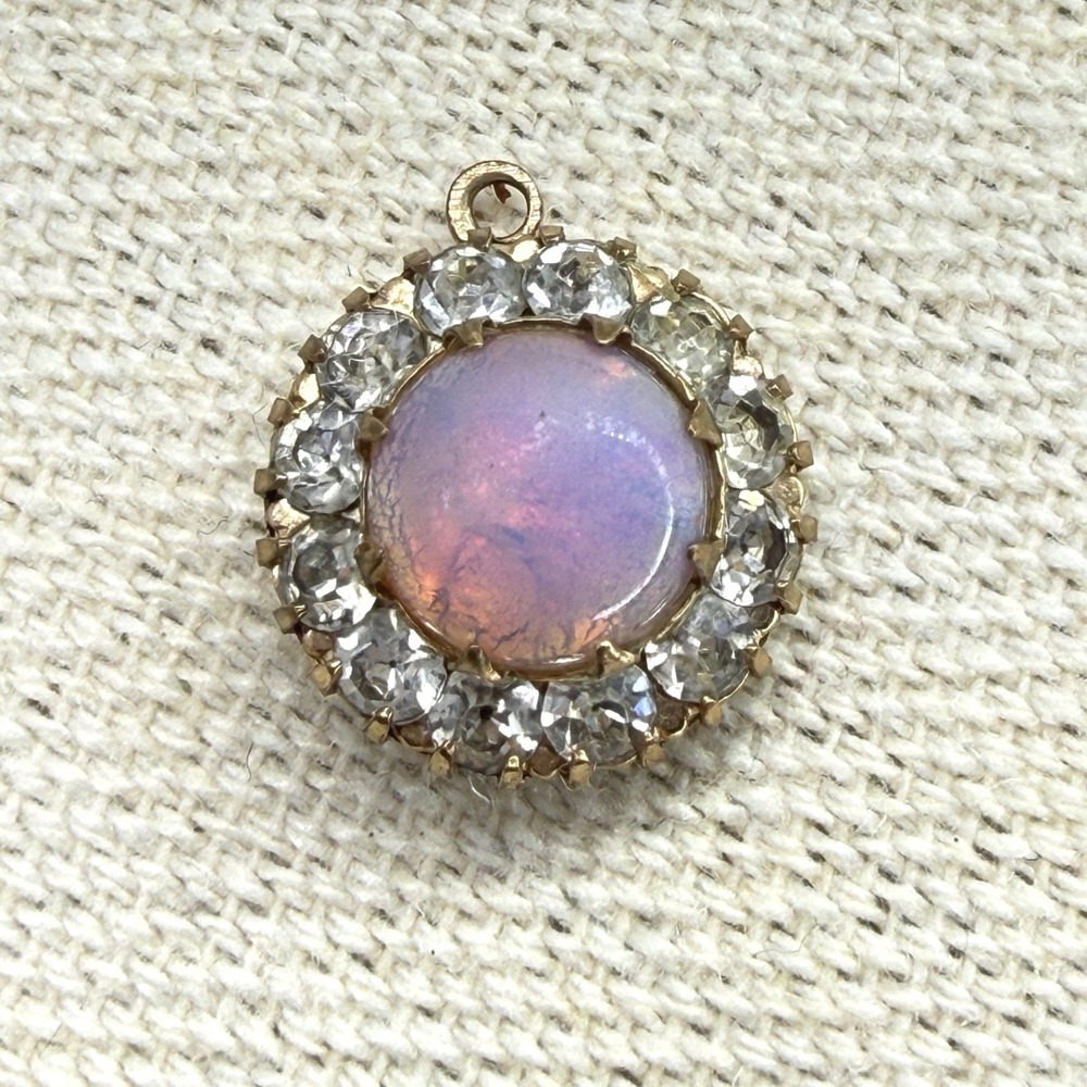 Vintage Purple Faux Opal Rhinestone Halo Pendant Gold Tone Ornate Back